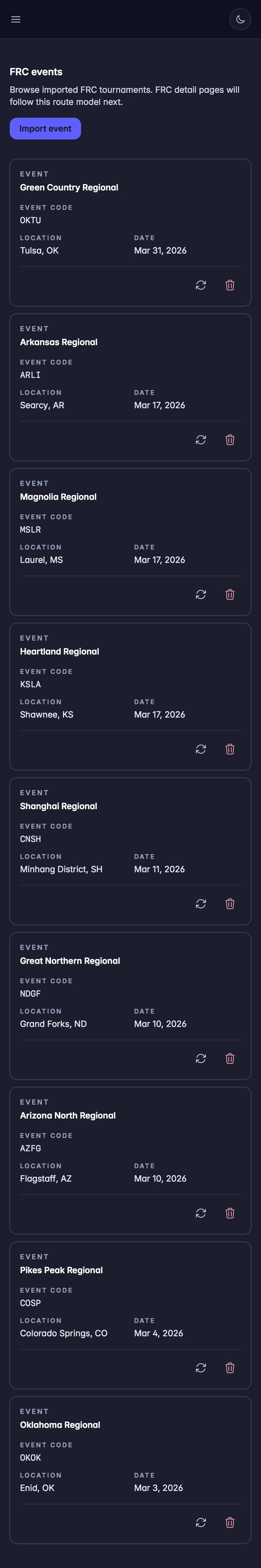 RoboRecon mobile event list screen